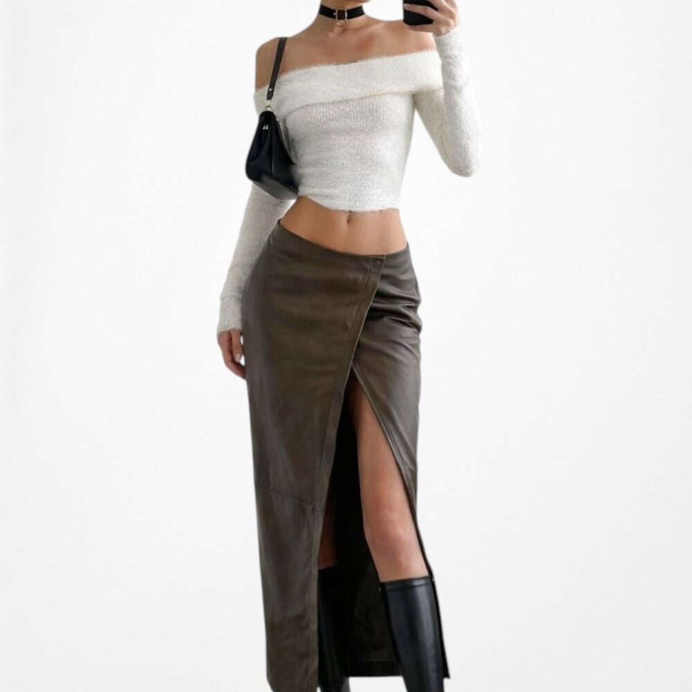Zara Khaki Green High Waisted Faux Leather Front Slit Knee Length Skirt Size XS
